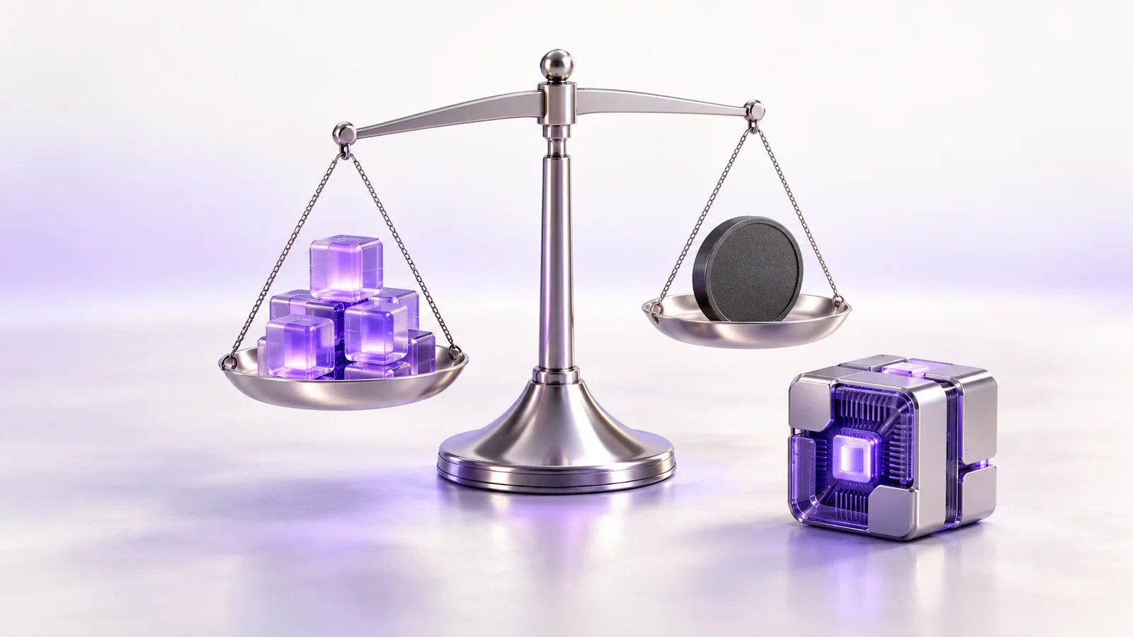 Ilustrasi timbangan yang membandingkan token komputasi dengan biaya operasional agen AI.